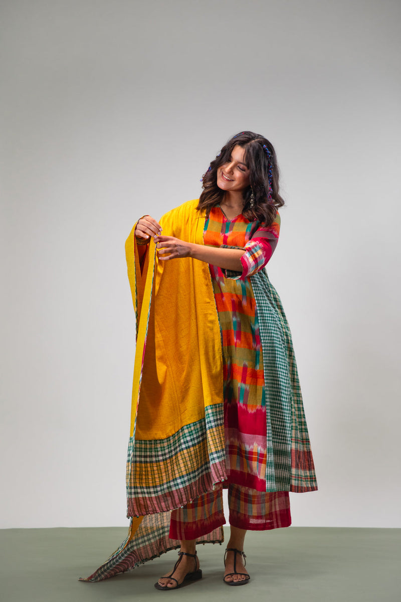 Aurelia Dress + Palazzo + Dupatta Set cotton,gamcha co-ord set by 145 East in multicolour, yellow, green for women in Singapore