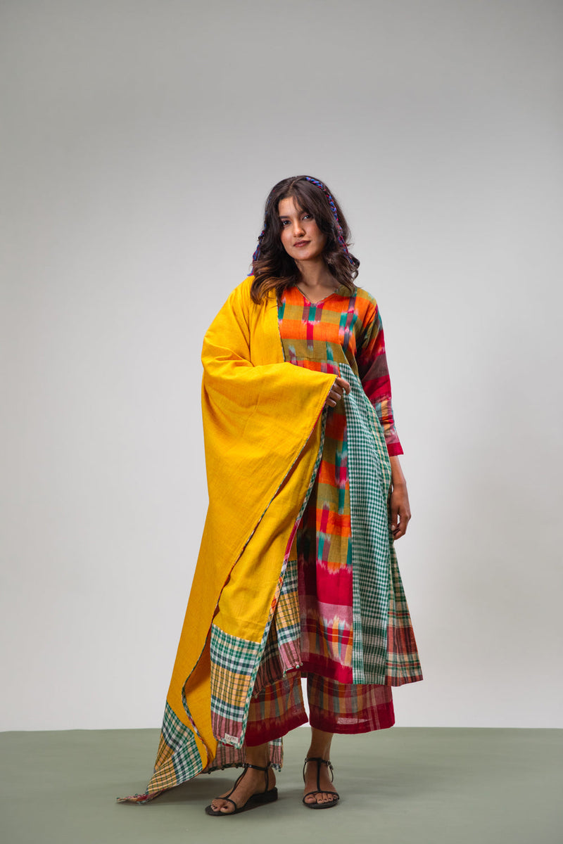 Aurelia Dress + Palazzo + Dupatta Set cotton,gamcha co-ord set by 145 East in multicolour, yellow, green for women in Singapore