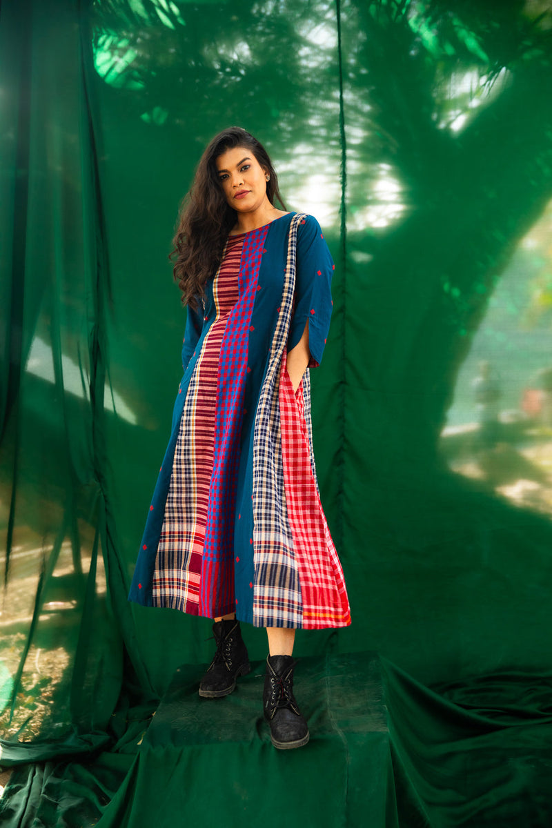 Deep Sea 16 Panelled Dress cotton,gamcha dress by 145 East in blue for women in Singapore