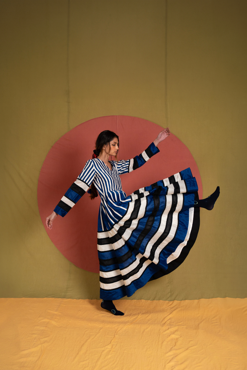 Rango Dress-Black Blue and White chanderi dress by Ka-Sha in blue for women in Singapore