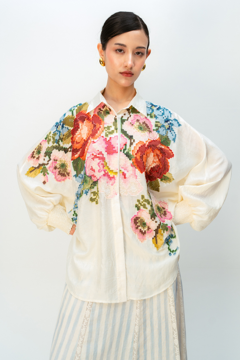 MEADOW ECHO SHIRT silk top/shirt by Ode to Odd in off white for women in Singapore