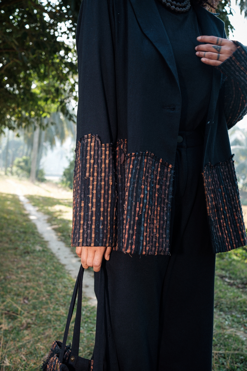 Upcycled Handwoven Ying Yang Blazer - Black Copper cotton by The Terra Tribe in black color for women in Singapore