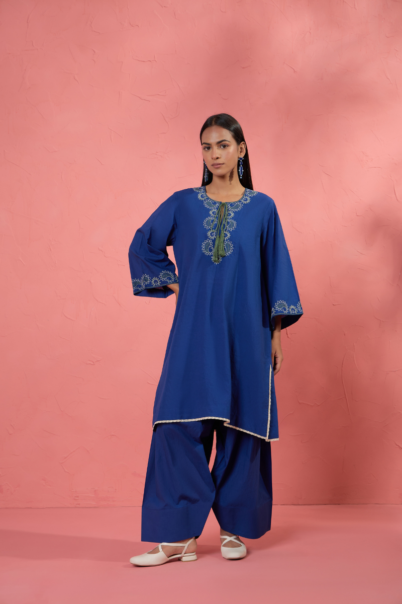Fi Rose Set 3 cotton cambric light kurta set by AAVIDI in blue for women in Singapore