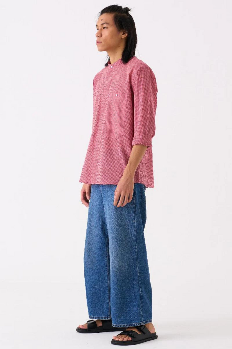 BAND COLLAR SHIRT - PINK CHECK by THREE Men for men in Singapore