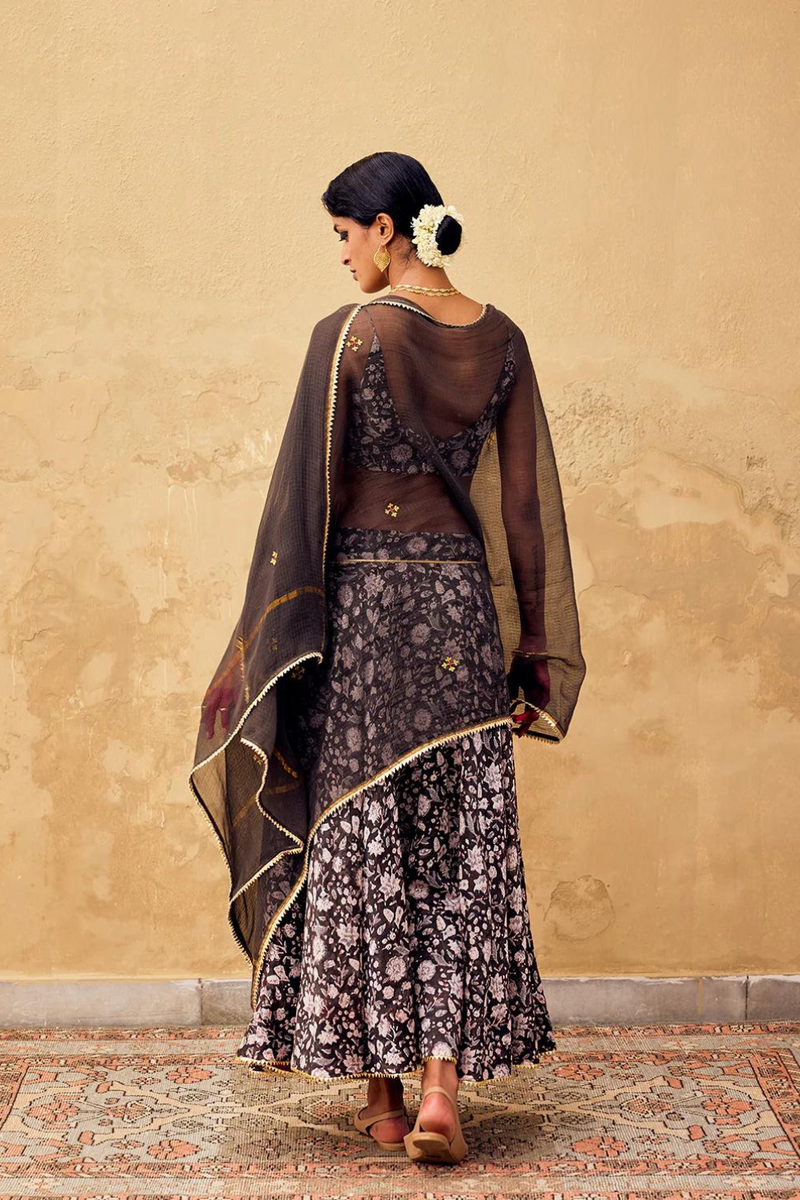 Damak Ghagra set with Dupatta chanderi by Khara Kapas in charcoal for women in Singapore