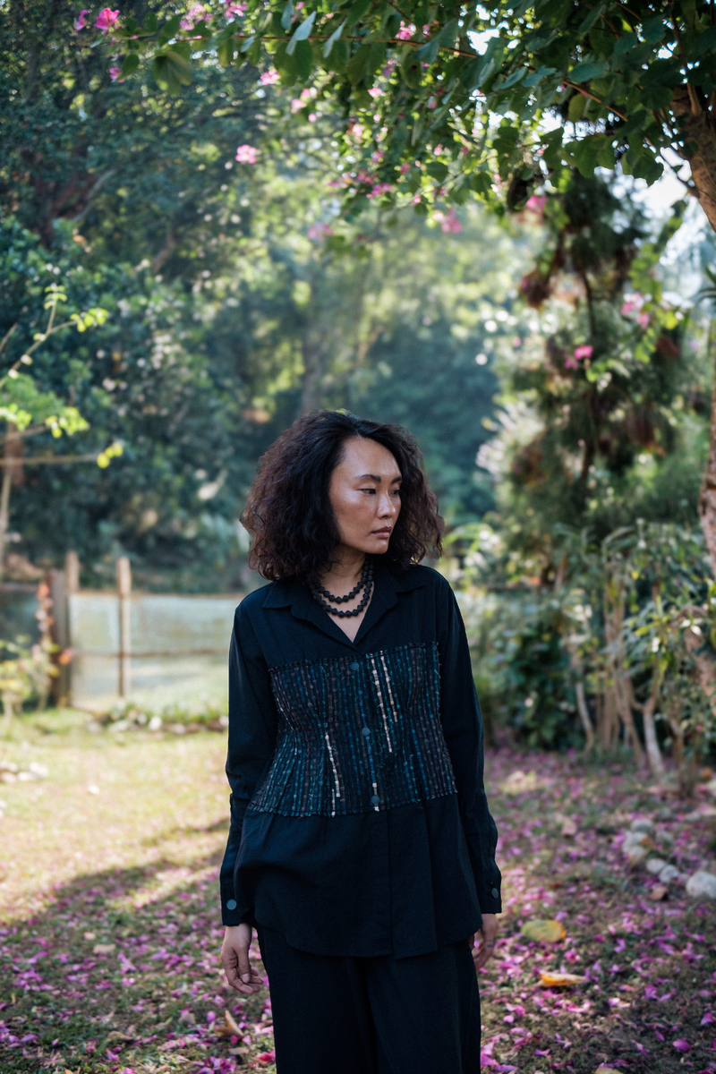 Upcycled Handwoven Hunza Shirt - Black Green cotton by The Terra Tribe in green color for women in Singapore