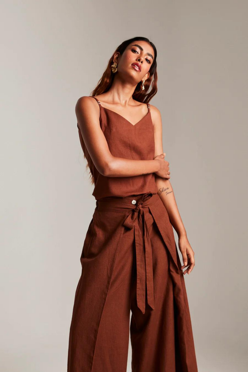 Mocha Co-Linen Camisole Top & Wrap Pants