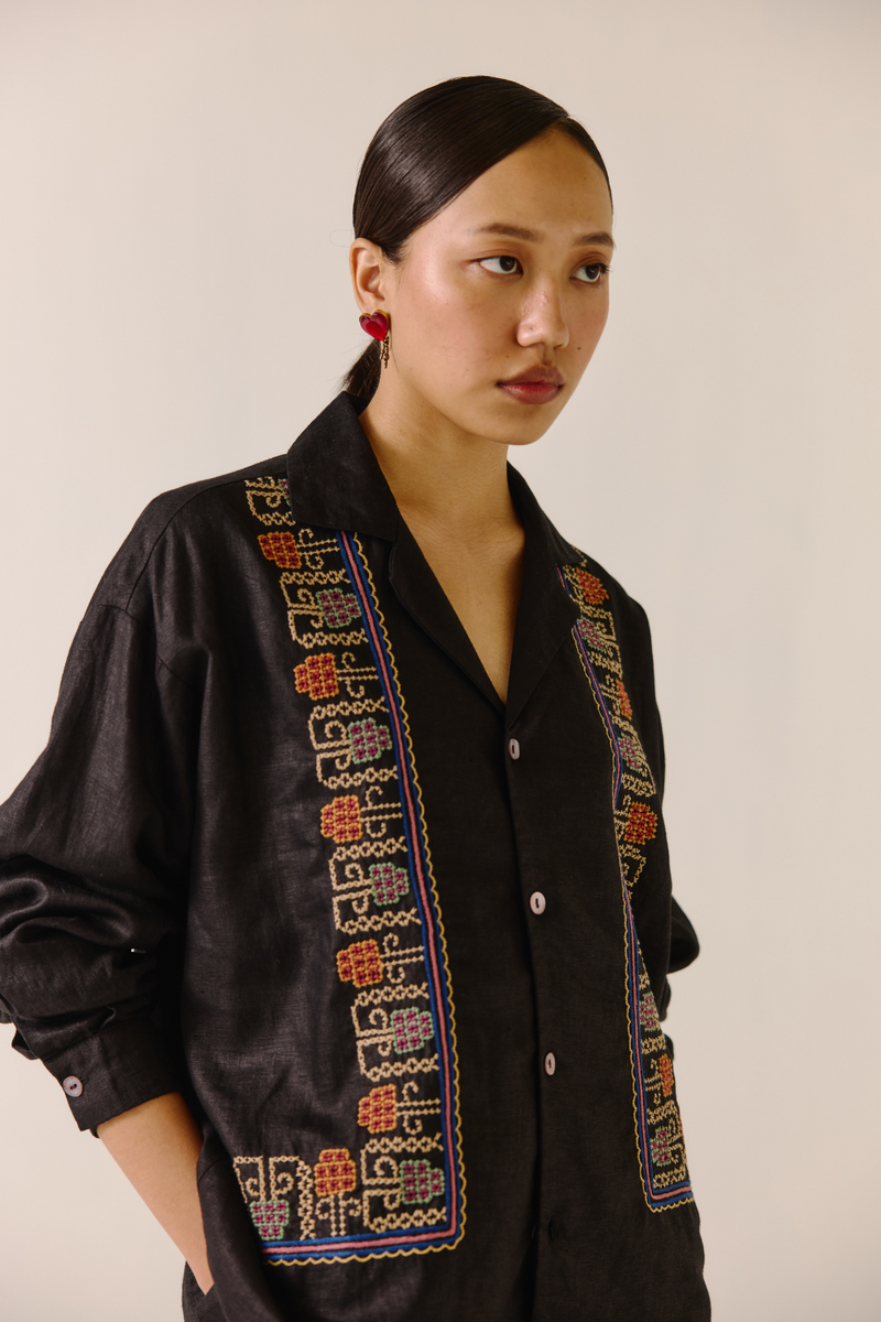 Unisex Shirt (full sleeve) - Black (cross-stitched embroidery) linen by CORD in black for women in Singapore