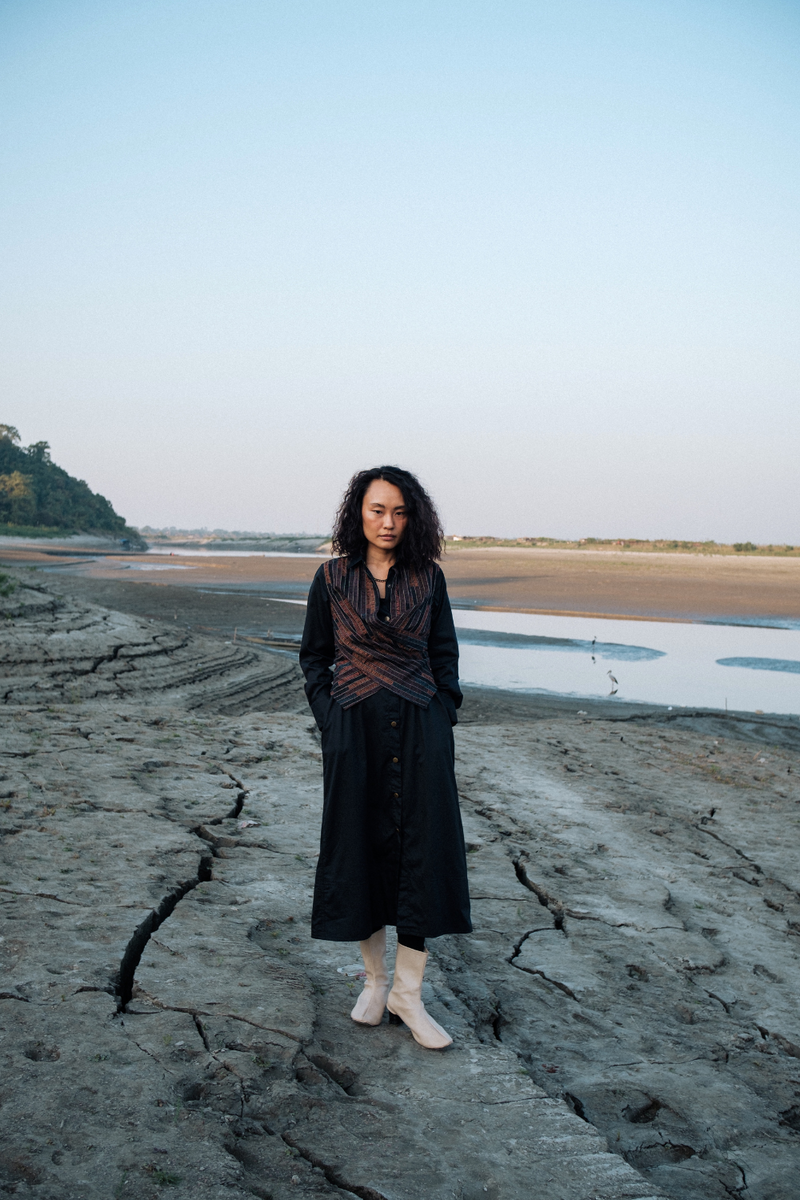 Upcycled Seattle Wrap Calf Dress - Black Copper cotton by The Terra Tribe in black color for women in Singapore