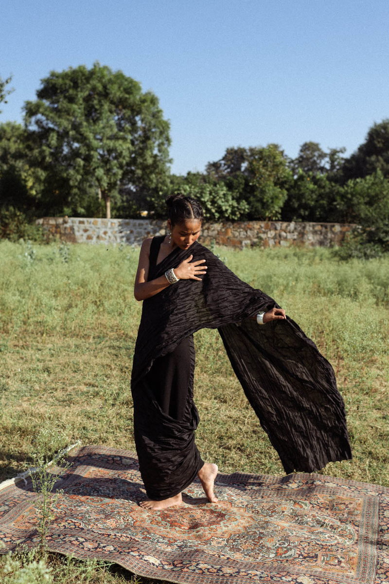 NAVA PLEATED SARI DRESS 100% cotton Buy NAVA PLEATED SARI DRESS from C&W | Dresses for Women by Ituvana in black color for women in Singapore