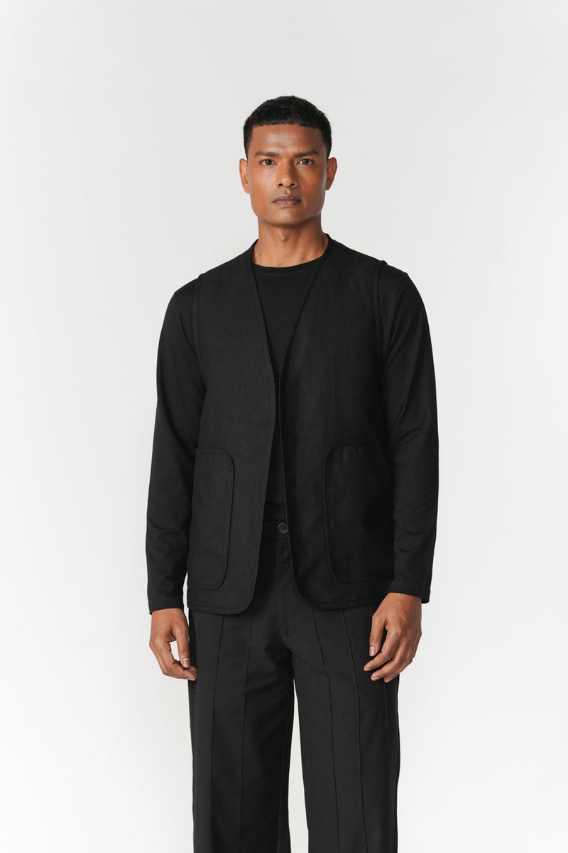 Reversible Linen-Chenille Vest jacket/overlay by Turn Black in black for men in Singapore