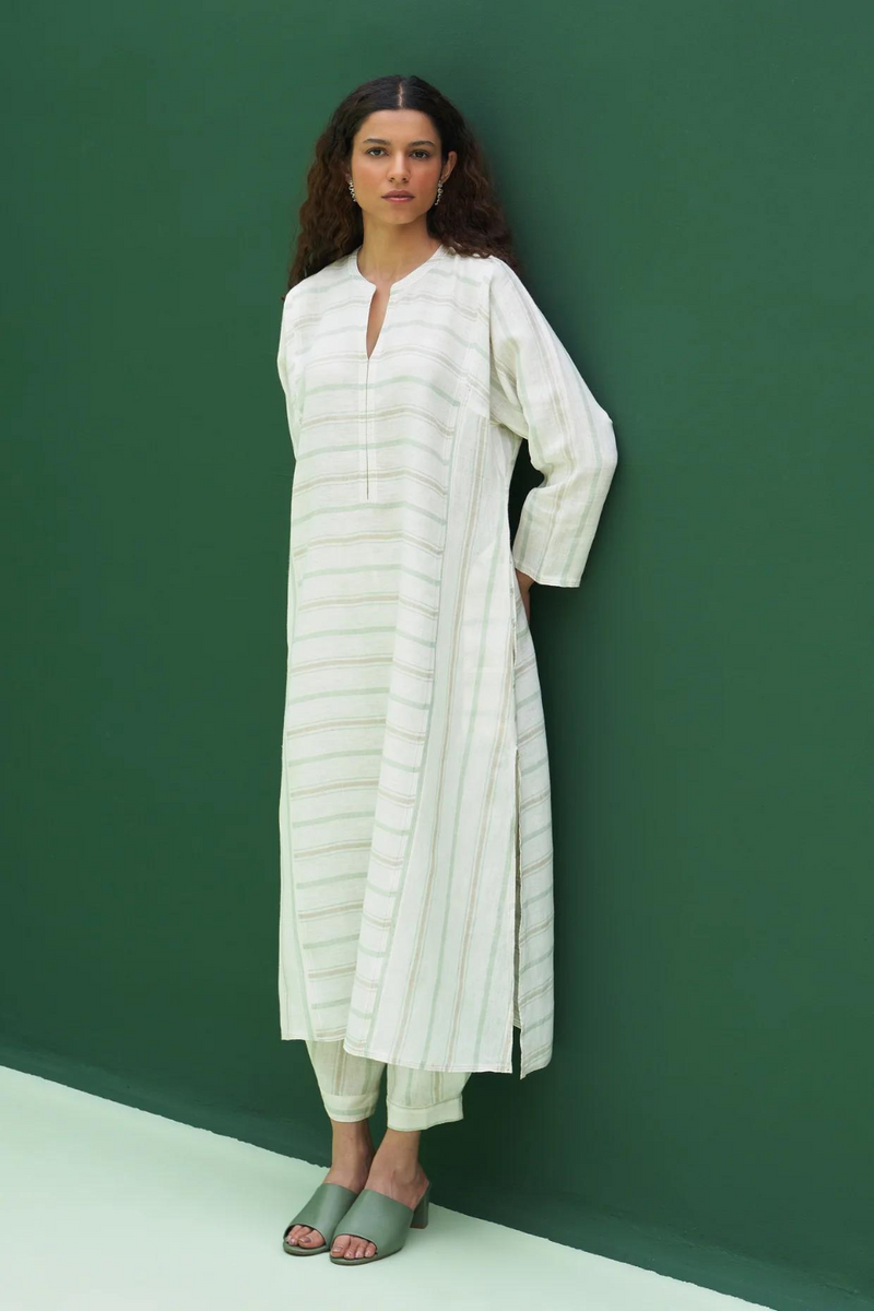 Ezra Striped Linen Kurta Set - Mint linen by Manan in mint color for women in Singapore
