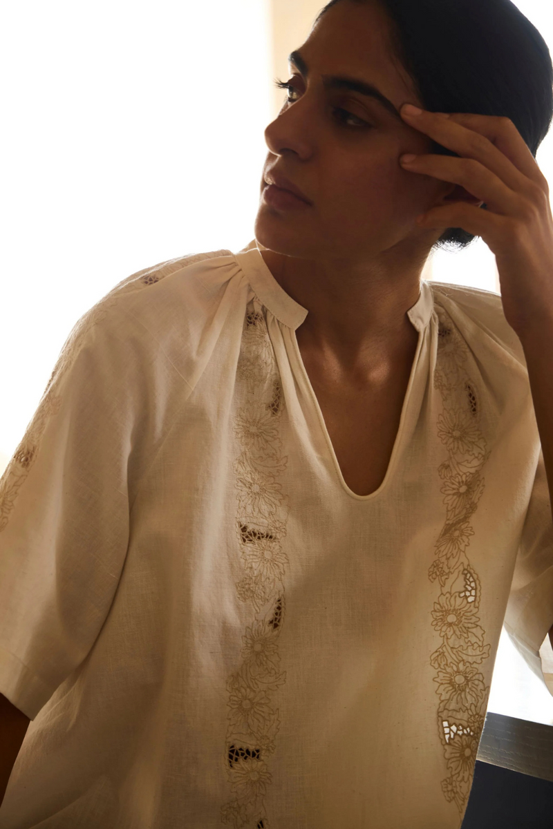 Bheer Handwoven Embroidered Top cotton by The Summer House in white color for women in Singapore
