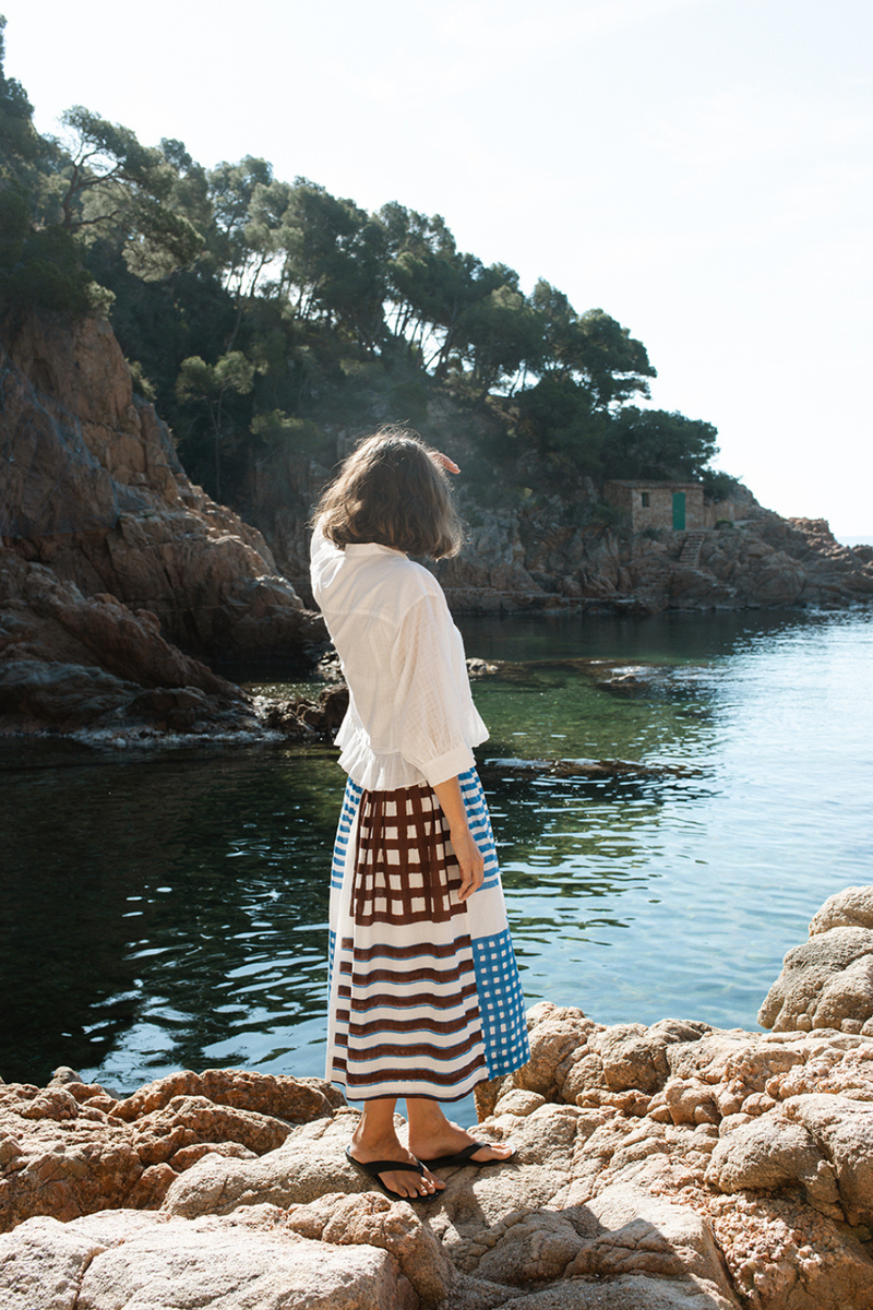 The Joy Skirt-Iconic Print Multi-Panel handwoven cotton skirt by World of Crow in multicolor for women in Singapore