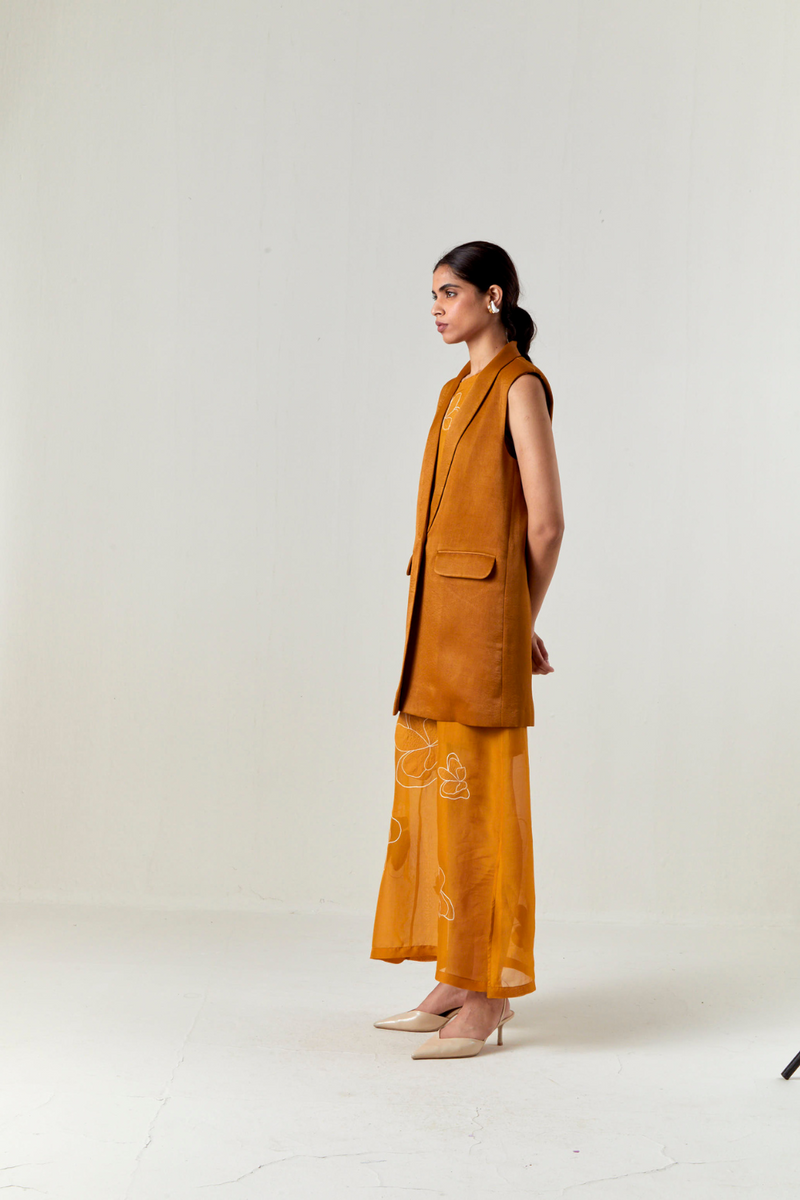 COLLARED WAIST COAT CO-ORD-OCHRE satin by THREE for women in Singapore