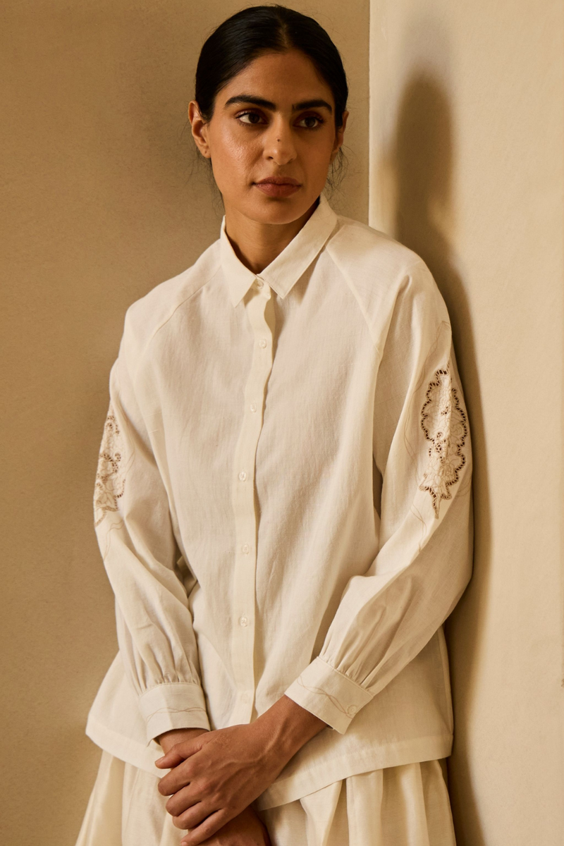 Yeji Handwoven Embroidered Shirt cotton by The Summer House in white color for women in Singapore