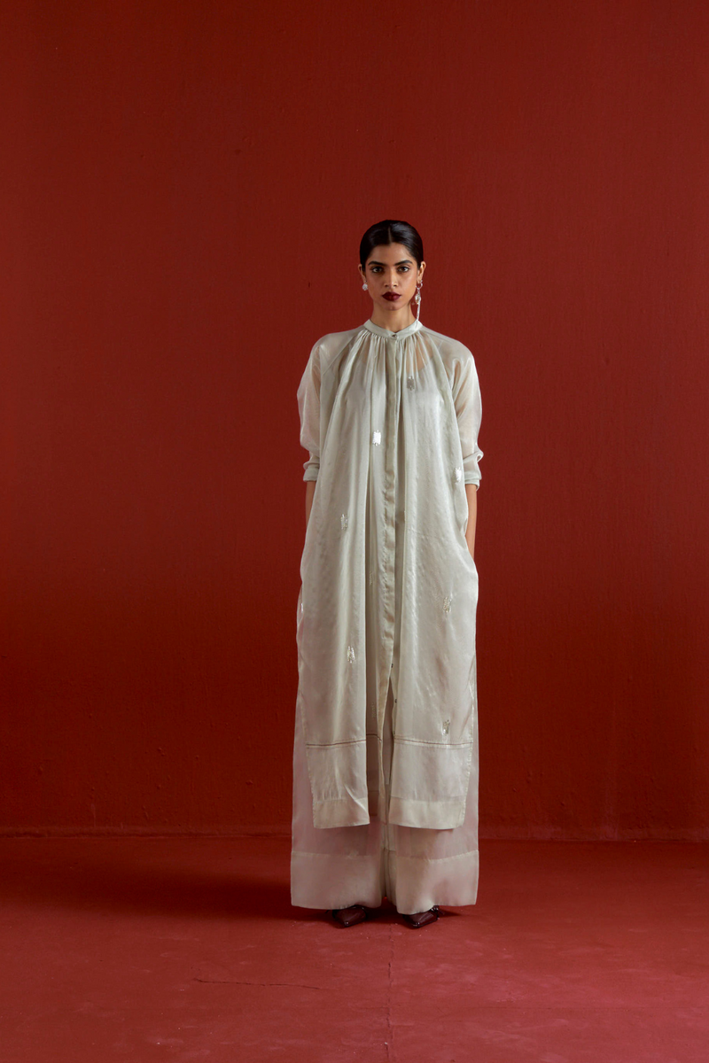 EMB. GATHER NECK SHIRT CO-ORD-METALLIC GREY tissue by THREE in grey color for women in Singapore