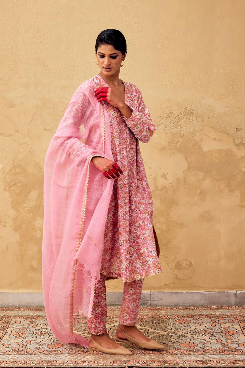 Komal Kurta Set with Dupatta chanderi by Khara Kapas in pink for women in Singapore
