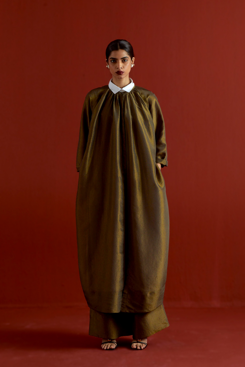 GATHER NECK SHIRT CO-ORD-OLIVE GOLD tissue by THREE in gold color for women in Singapore