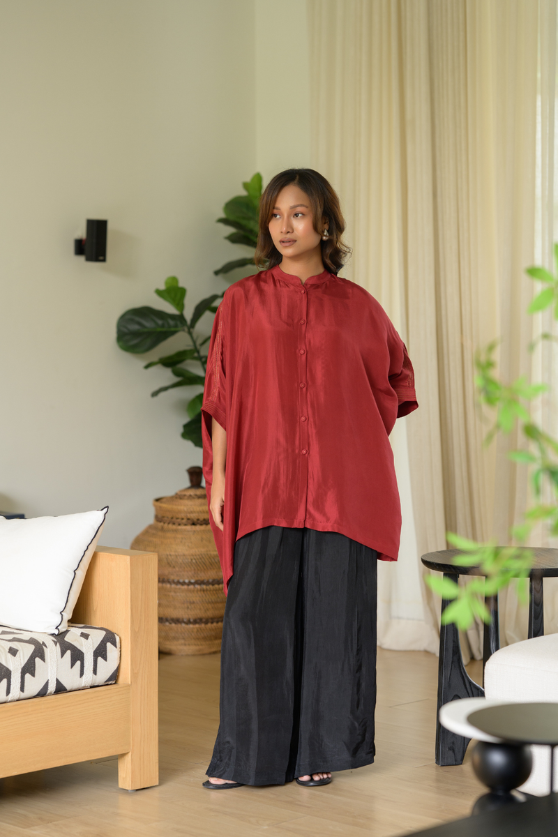 Ruby Kaftan Top silk top/shirt by Zanzibar Living in ruby red for women in Singapore