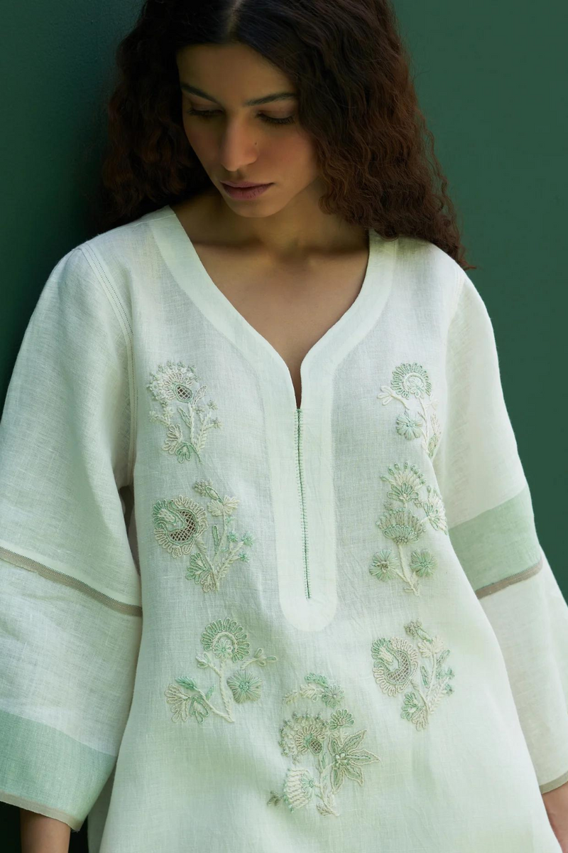 Insha Hand-Embroidered Kurta
- Ivory linen by Manan in ivory color for women in Singapore