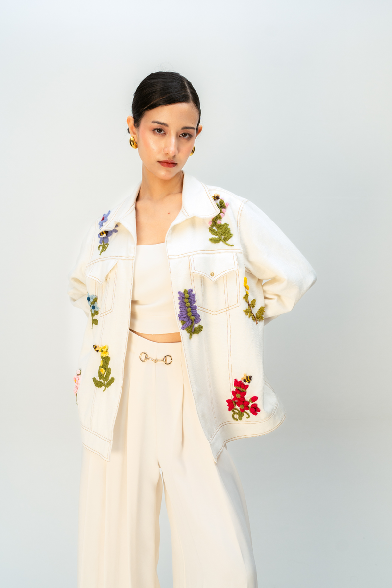 GOLDEN FABLE JACKET handwoven denim jacket/overlay by Ode to Odd in off white for women in Singapore