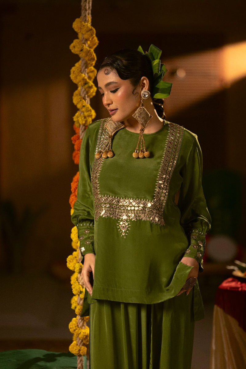 Sunira Green Tunic Top & Dhoti Skirt Set- Mehendi