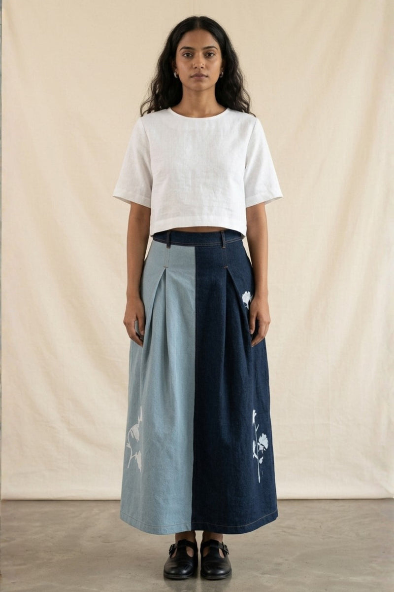 Judy Denim Panelled Skirt denim skirt by Doodlage in blue for women in Singapore