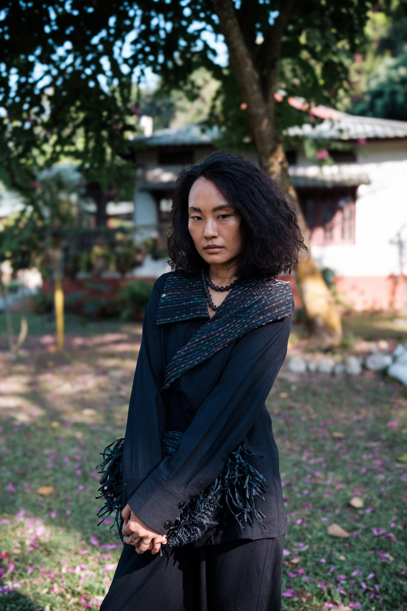 Upcycled Handwoven Arrow collar shirt - Black Green cotton by The Terra Tribe in green color for women in Singapore