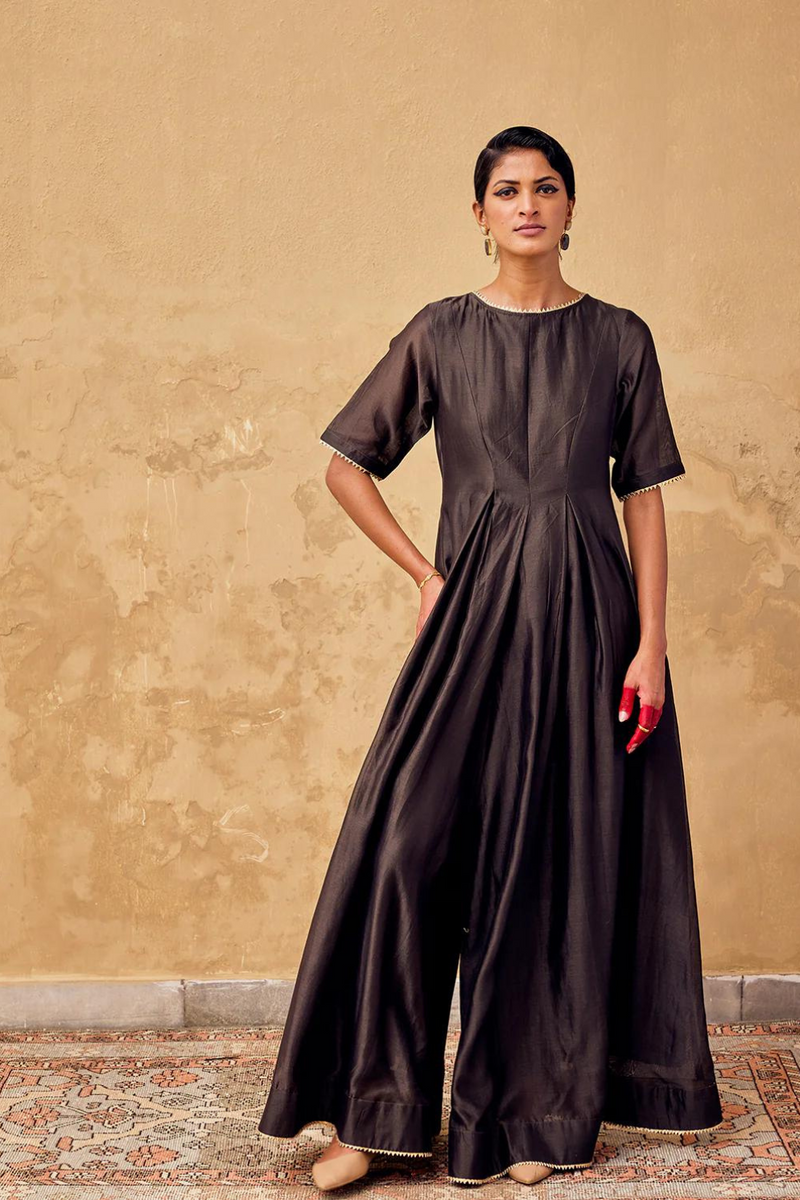 Shaam Jumpsuit chanderi by Khara Kapas in charcoal for women in Singapore