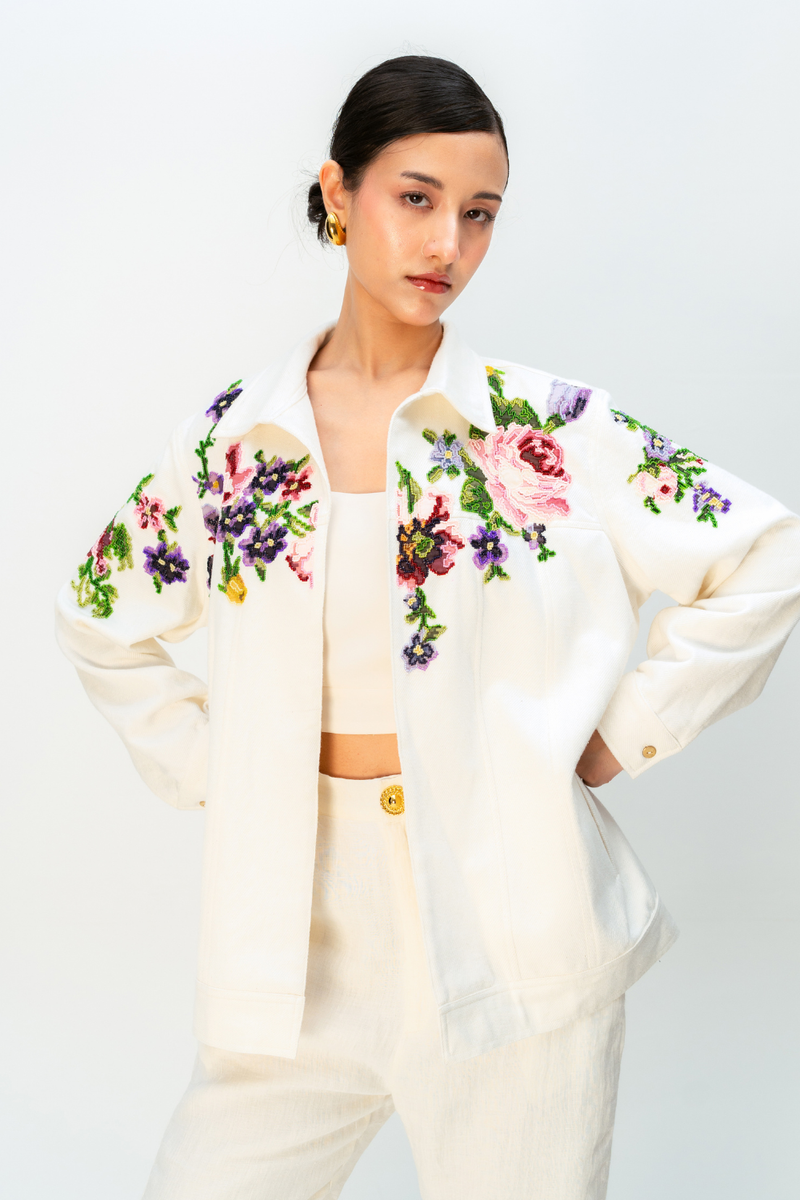 TINTS OF YOU JACKET handwoven denim jacket/overlay by Ode to Odd in off white for women in Singapore