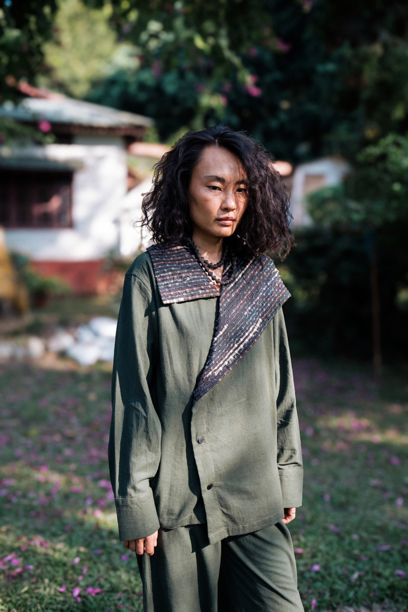 Upcycled Handwoven Arrow collar shirt - Green cotton by The Terra Tribe in green color for women in Singapore