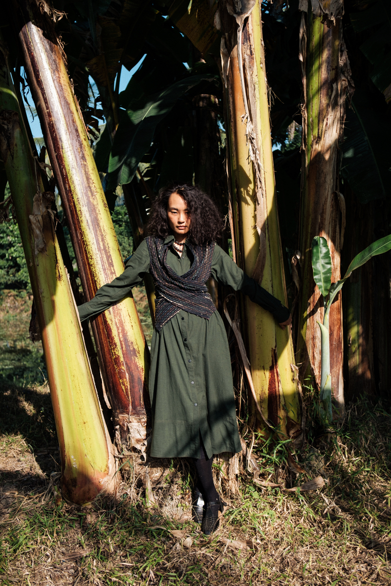 Upcycled Handwoven Seattle Wrap Calf Dress - Green cotton by The Terra Tribe in green color for women in Singapore