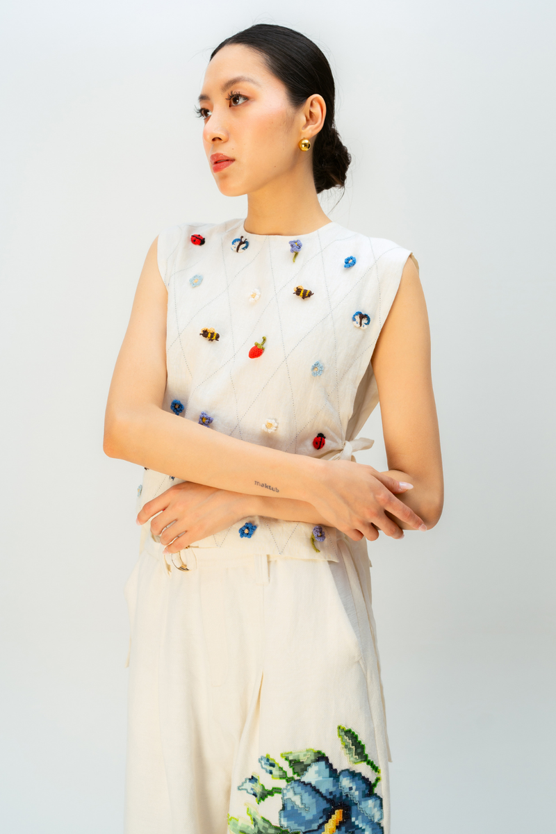 SOFT LATTICE BIB linen jacket/overlay by Ode to Odd in off white for women in Singapore