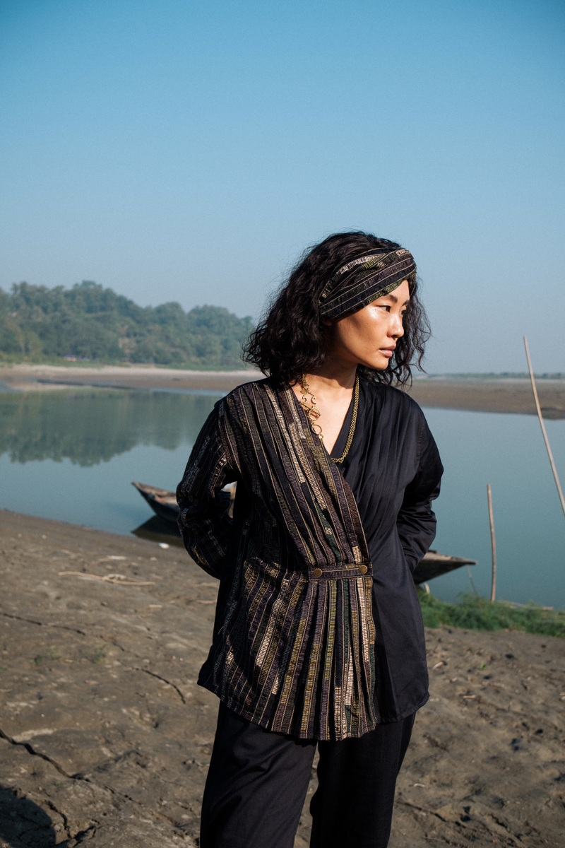 Upcycled Florence Top - Black Green cotton by The Terra Tribe in green color for women in Singapore