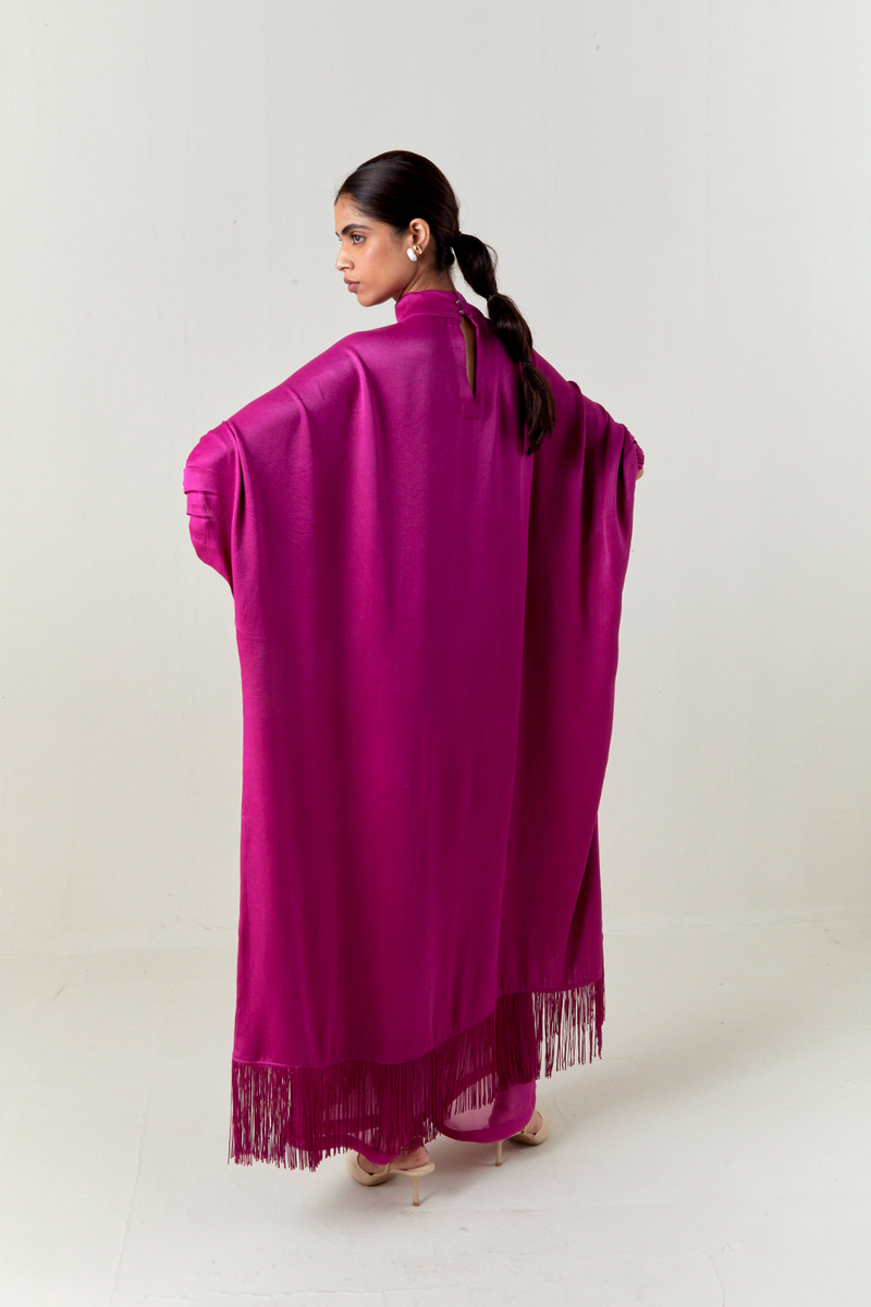 FLORAL FRINGE KAFTAN CO-ORD-FUCHSIA satin by THREE for women in Singapore