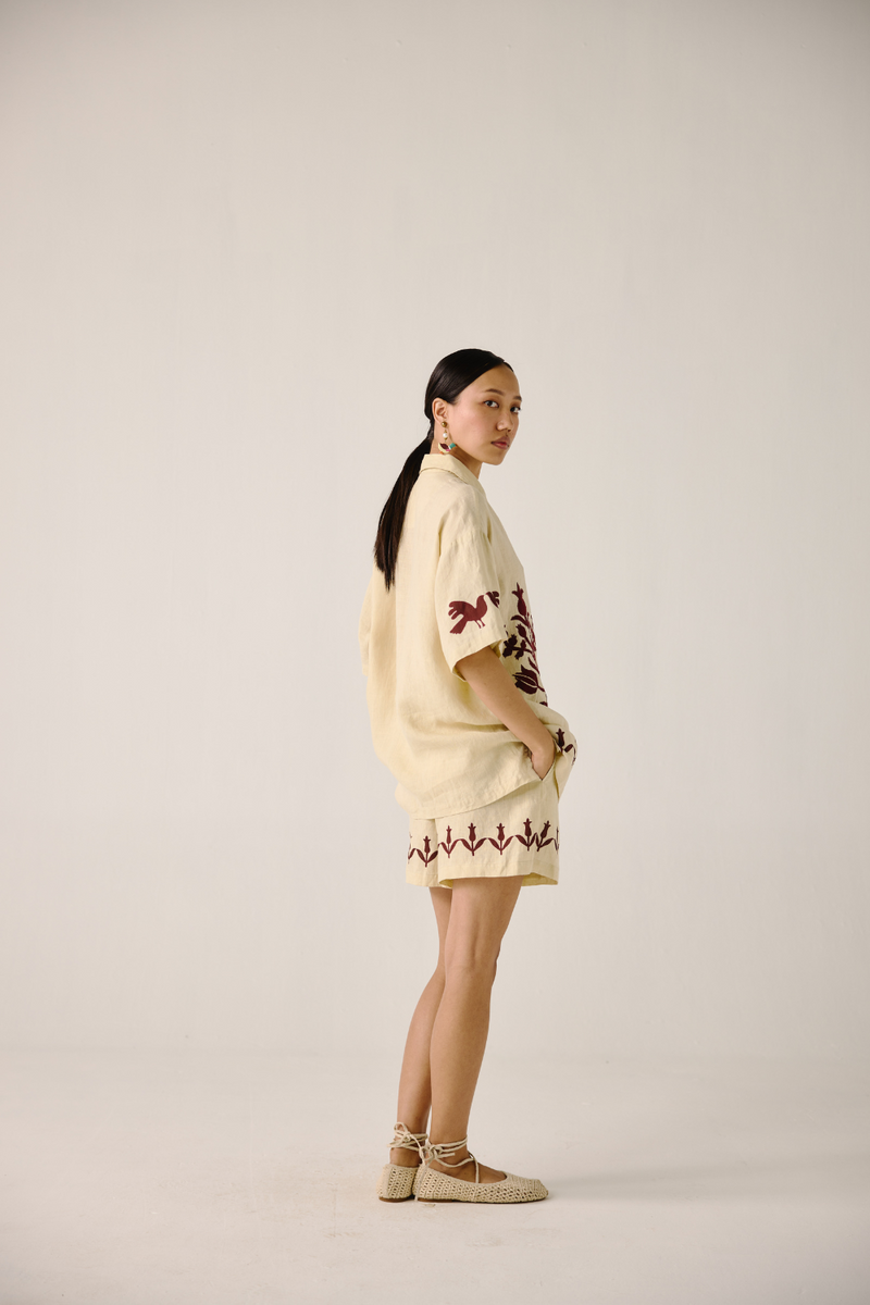 Unisex Shirt - Ivory Bird Applique linen by CORD in ivory for women in Singapore
