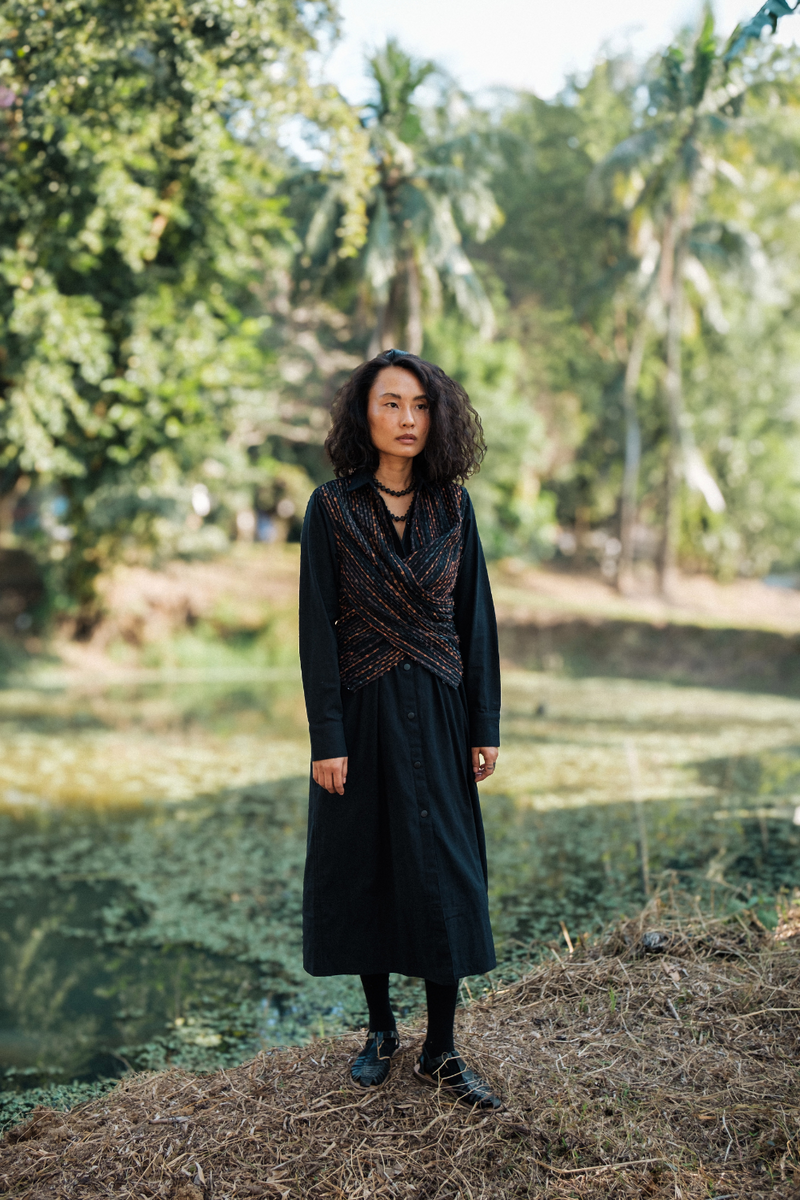 Upcycled Handwoven Seattle Wrap Calf Dress - Black Copper cotton by The Terra Tribe in black color for women in Singapore