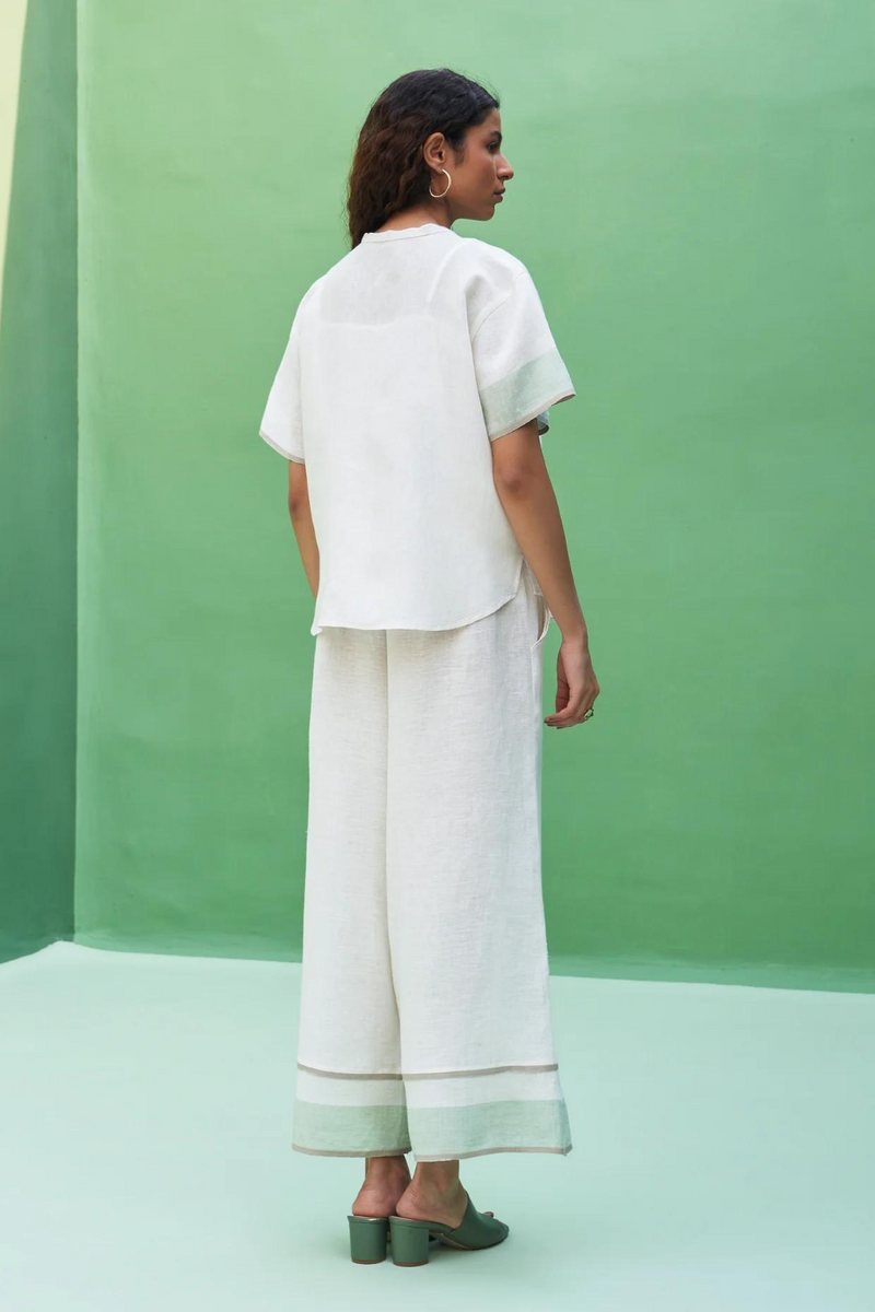 Kol Border Linen Co-ord Set - Ivory linen by Manan in ivory color for women in Singapore