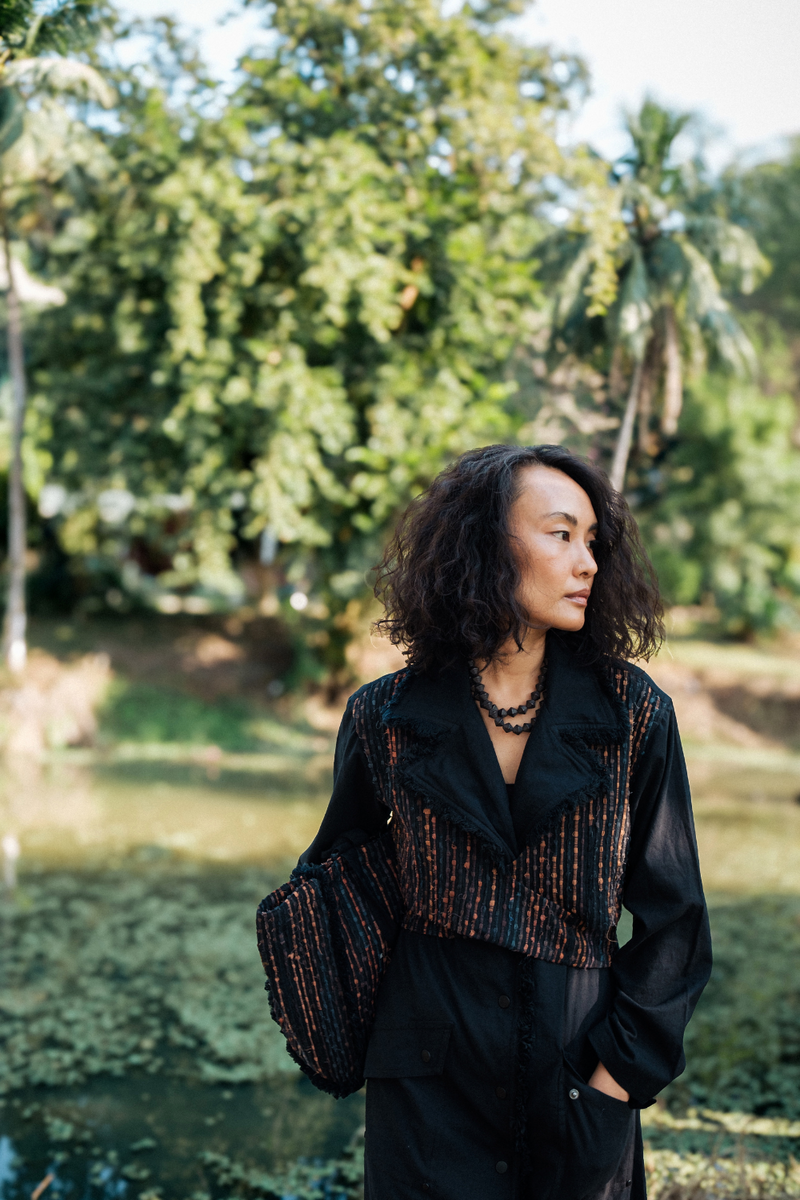Upcycled Handwoven Copenhagen Trench - Black Copper cotton by The Terra Tribe in black color for women in Singapore