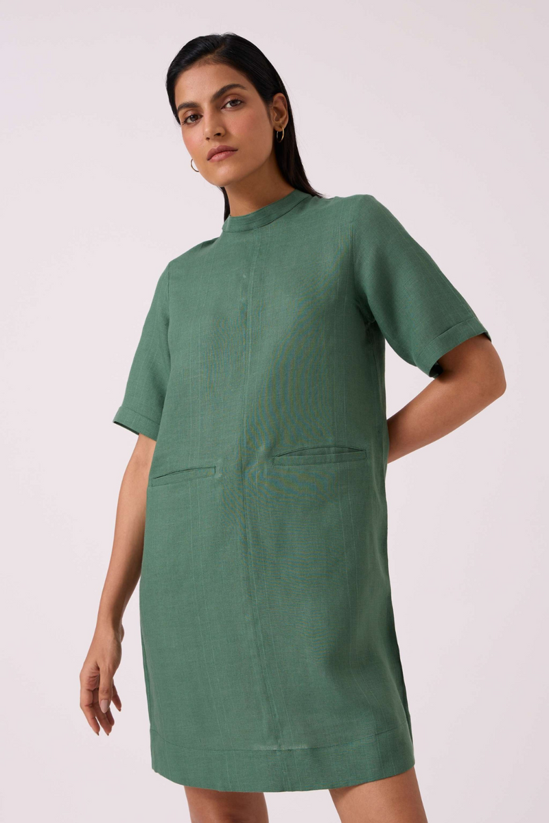 Tula Green Linen Shift Dress linen by The Summer House in green color for women in Singapore