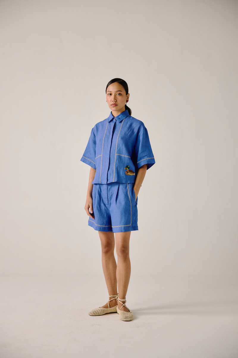 Leo Set - Electric Blue Duck Embroidery linen by CORD in blue for women in Singapore