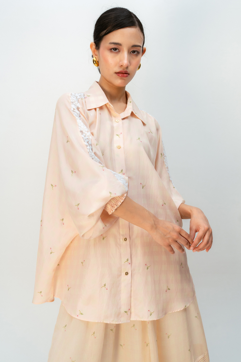 GINGHAM SPELL SHIRT silk top/shirt by Ode to Odd in blush pink for women in Singapore