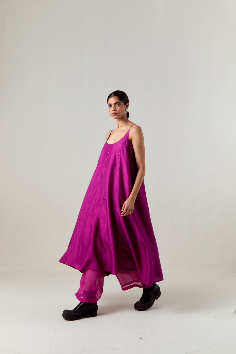 PANELED EMBROIDERED TUNIC CO-ORD-FUCHSIA silk by THREE for women in Singapore