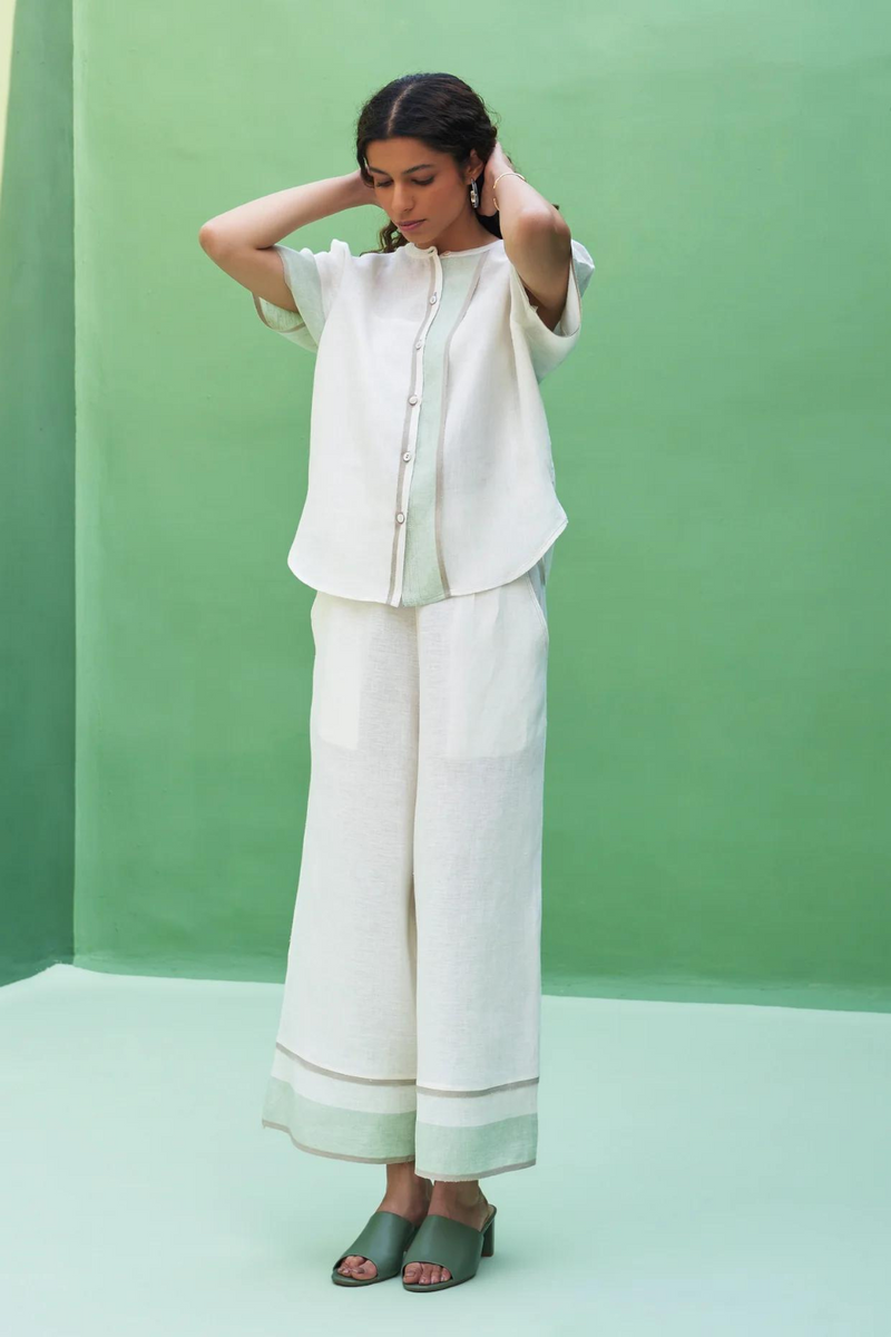 Kol Border Linen Crop Shirt - Ivory linen by Manan in ivory color for women in Singapore