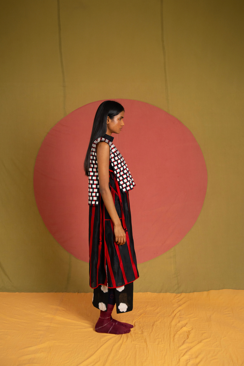 Lino Patti Dress-Black and Red chanderi dress by Ka-Sha in red for women in Singapore