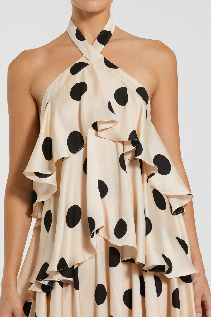 27540-Polka Dot Charmeuse Gown-Cream Black by Mac Duggal in black color for women in Singapore