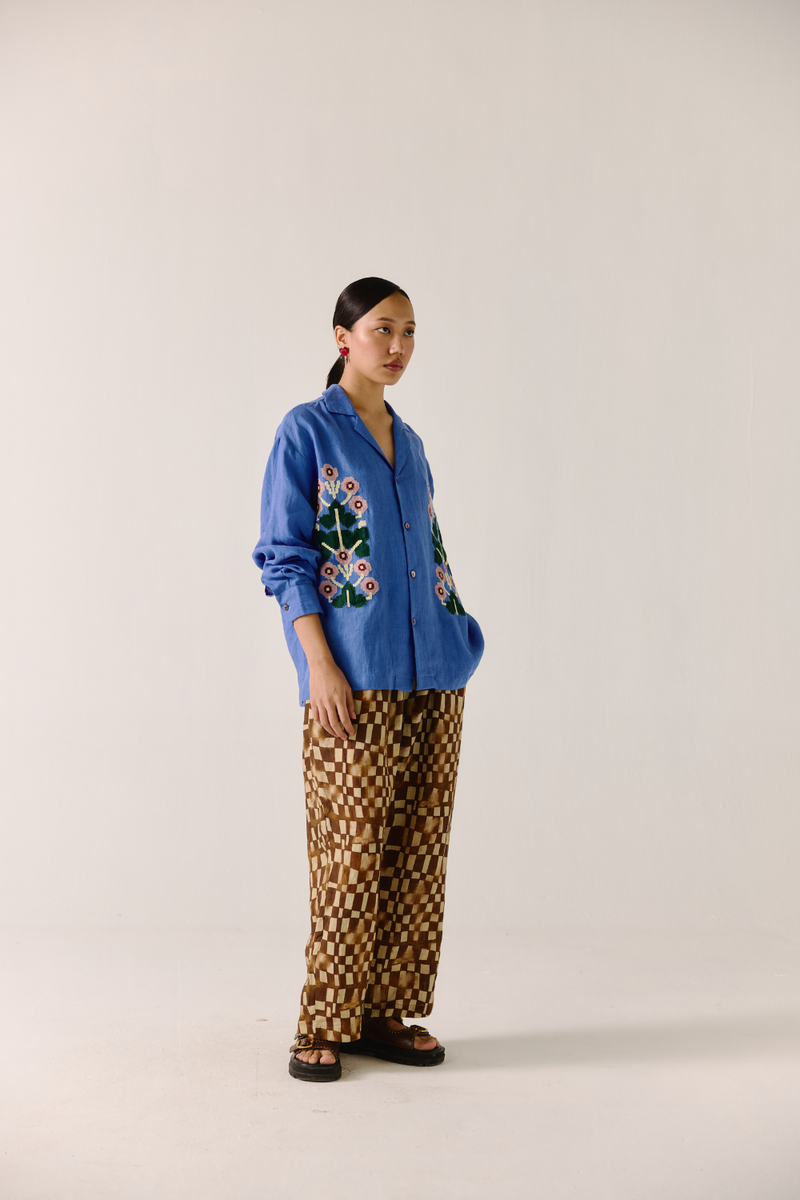 Unisex Shirt (full sleeve) - Electric Blue (pixel applique) linen by CORD in blue for women in Singapore