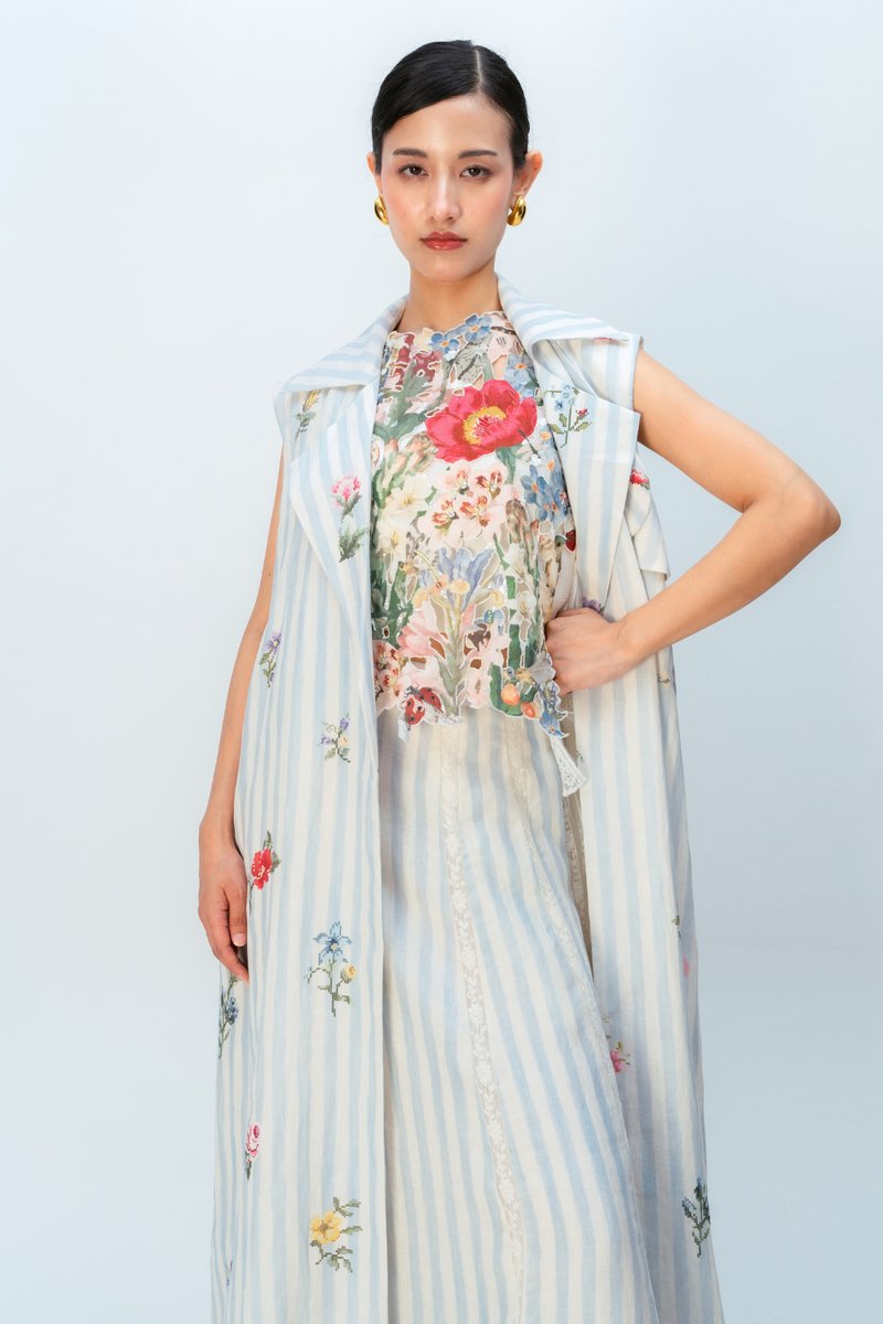 Sugar Veil Trench linen jacket/overlay by Ode to Odd in blue for women in Singapore