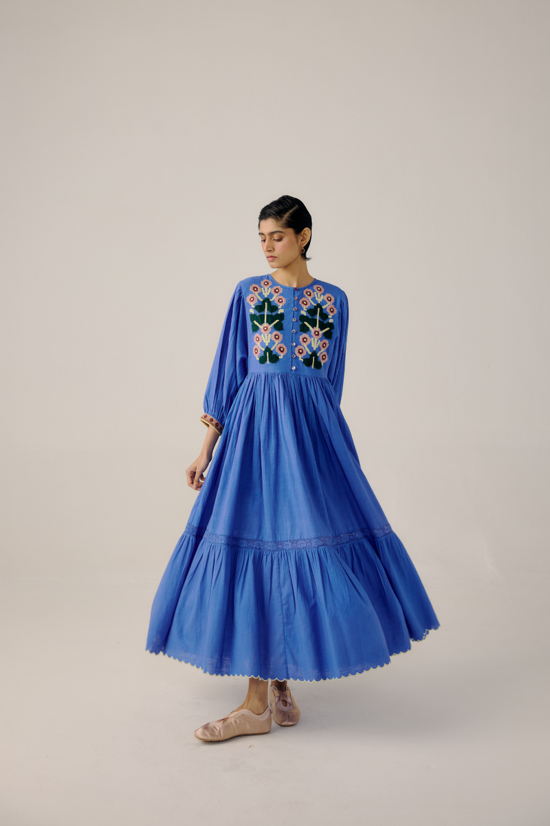 Peasant Dress - Electric Blue linen by CORD in blue for women in Singapore